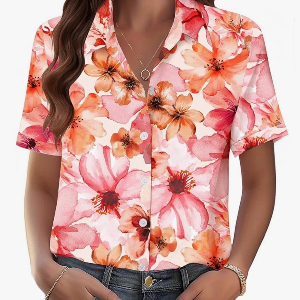 Zeagoo Floral Button-Down Shirt in Pink and Orange